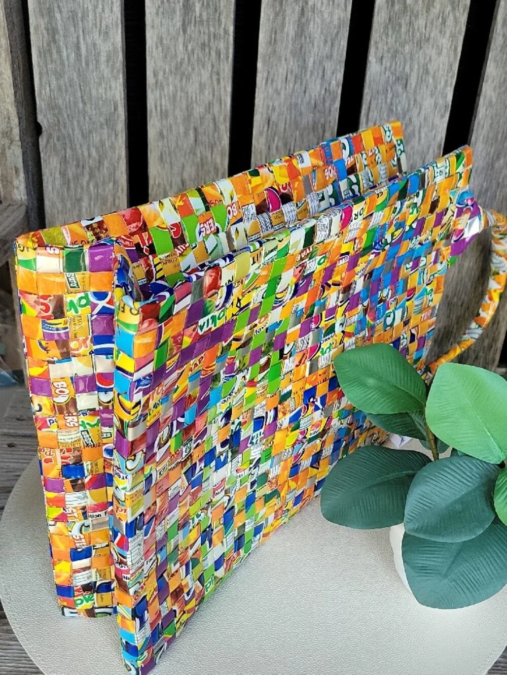 Multicolor Basket Weave Hobo Bag Made Out Of Misprinted Juice Boxes- Biyaya